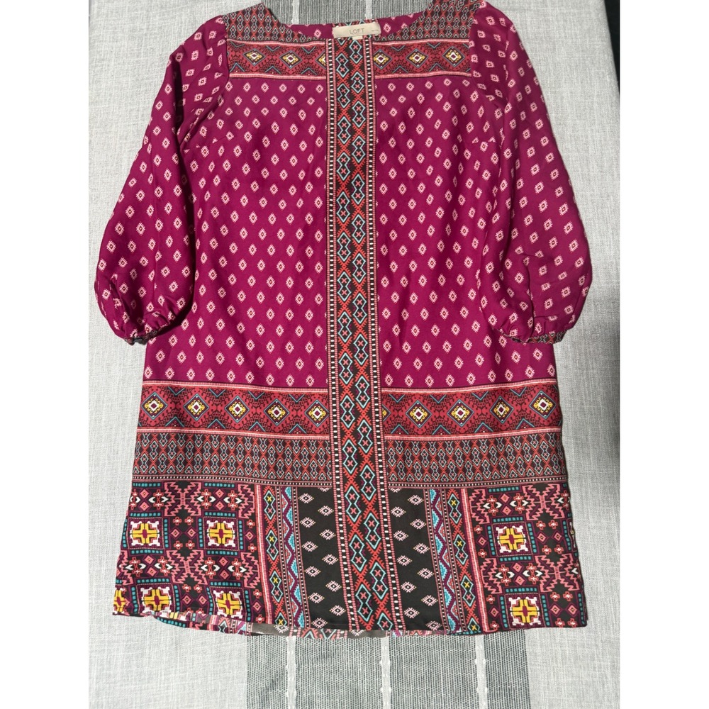 LOFT‎ Womens Small Petite Burgundy Geometric Tribal Print Boho Shift Dress SP